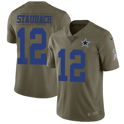 Nike Cowboys #12 Roger Staubach Olive Men's Stitched NFL Limited Salute To Service Jersey